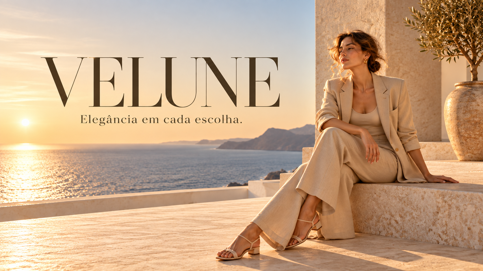 Editorial VELUNE: modelo com alfaiataria em tons de areia junto ao mar